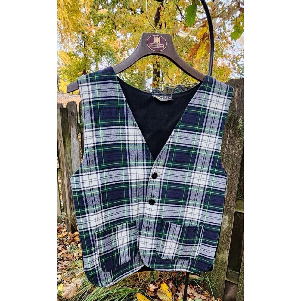 Mens Tartan Plaid Vest Vintage Big J Brand OSFM Blue Green Outdoor Hunting